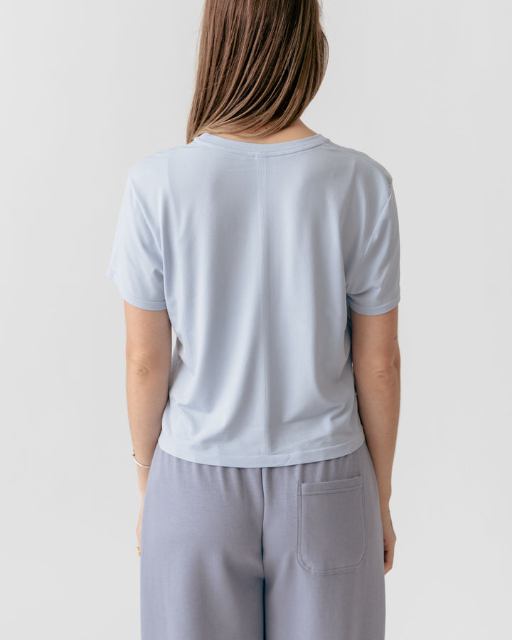 Back of a Sky Blue Cropped Crewneck T-Shirt