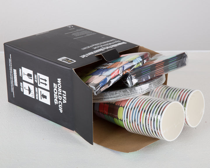 Packaged colorful paper cups with a FIFA World Cup 2026 box on a light gray background