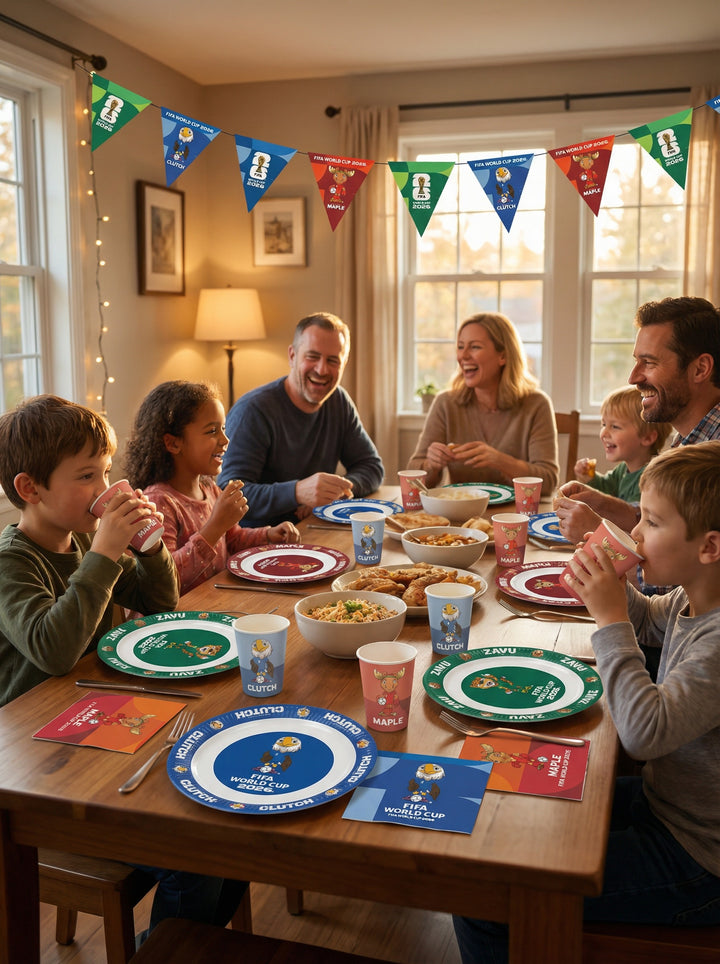 Family and children gathered around a dining table with plates, cups, and food, celebrating with flags in the background.