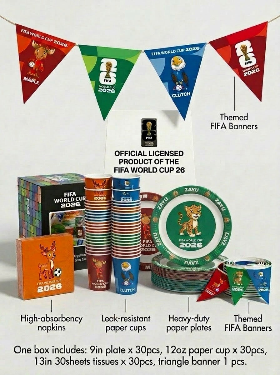 FIFA World Cup 2026 themed party supplies including plates, cups, napkins, and banners