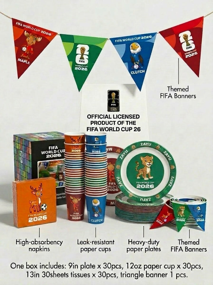 FIFA World Cup 2026 themed party supplies including plates, cups, napkins, and banners