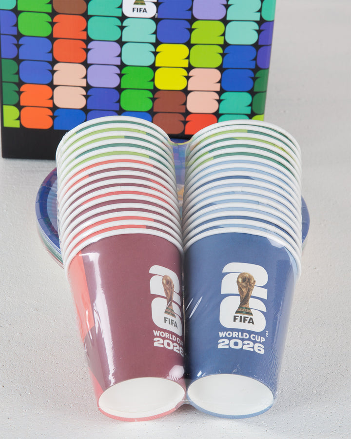 A set of red and blue FIFA World Cup 2026 Paper Cups behind a plate and box