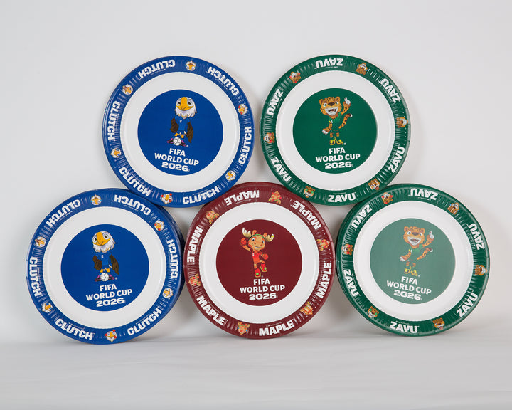 Five FIFA World Cup 2026 themed plates with cartoon characters on a white background
