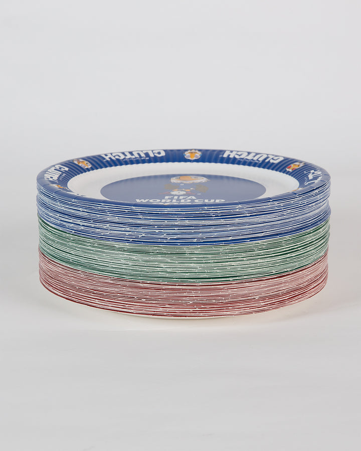 Stack of colorful paper plates with a visible brand logo on a white background