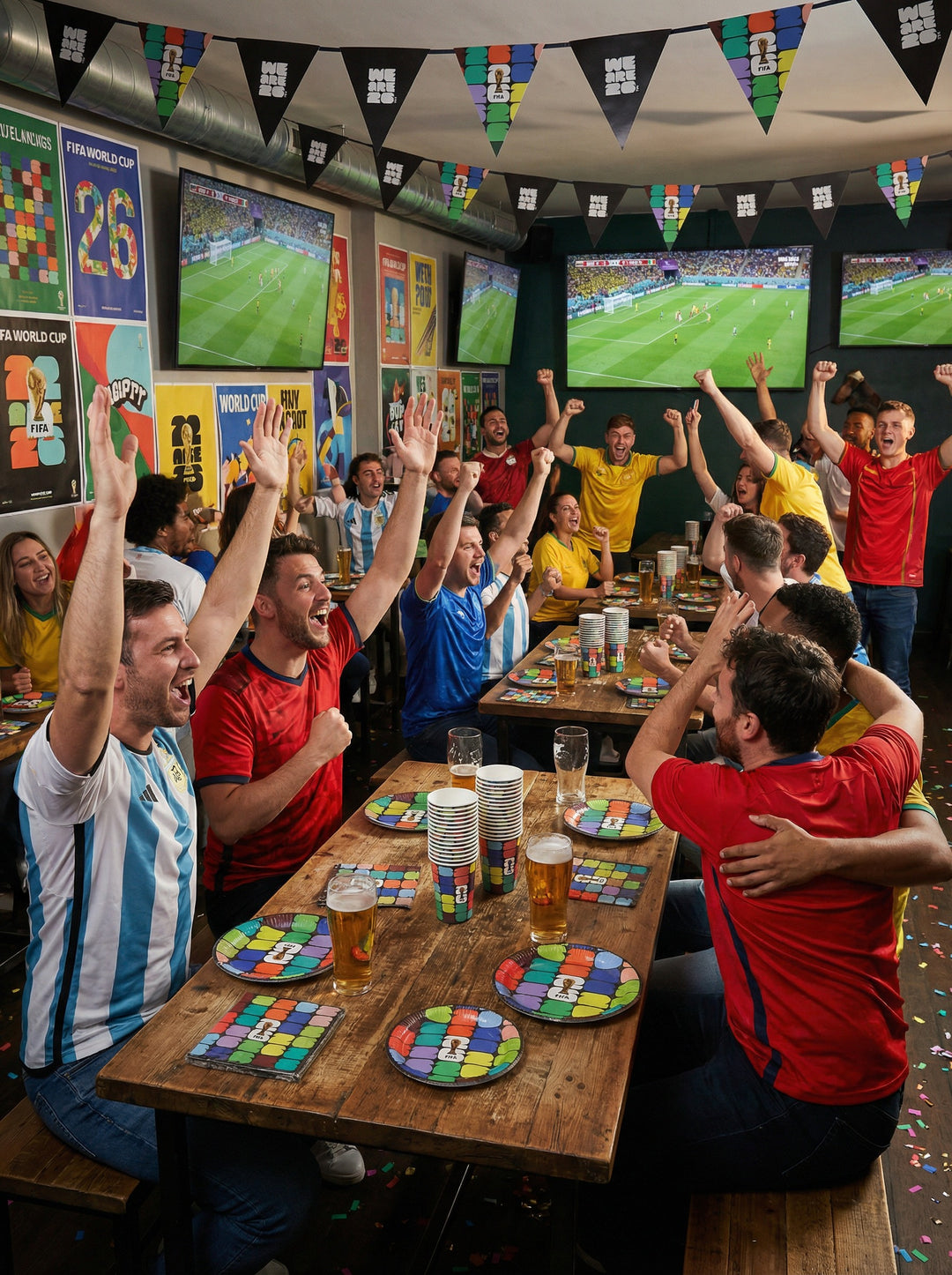 People in a sports bar cheering with multiple televisions showing soccer matches.