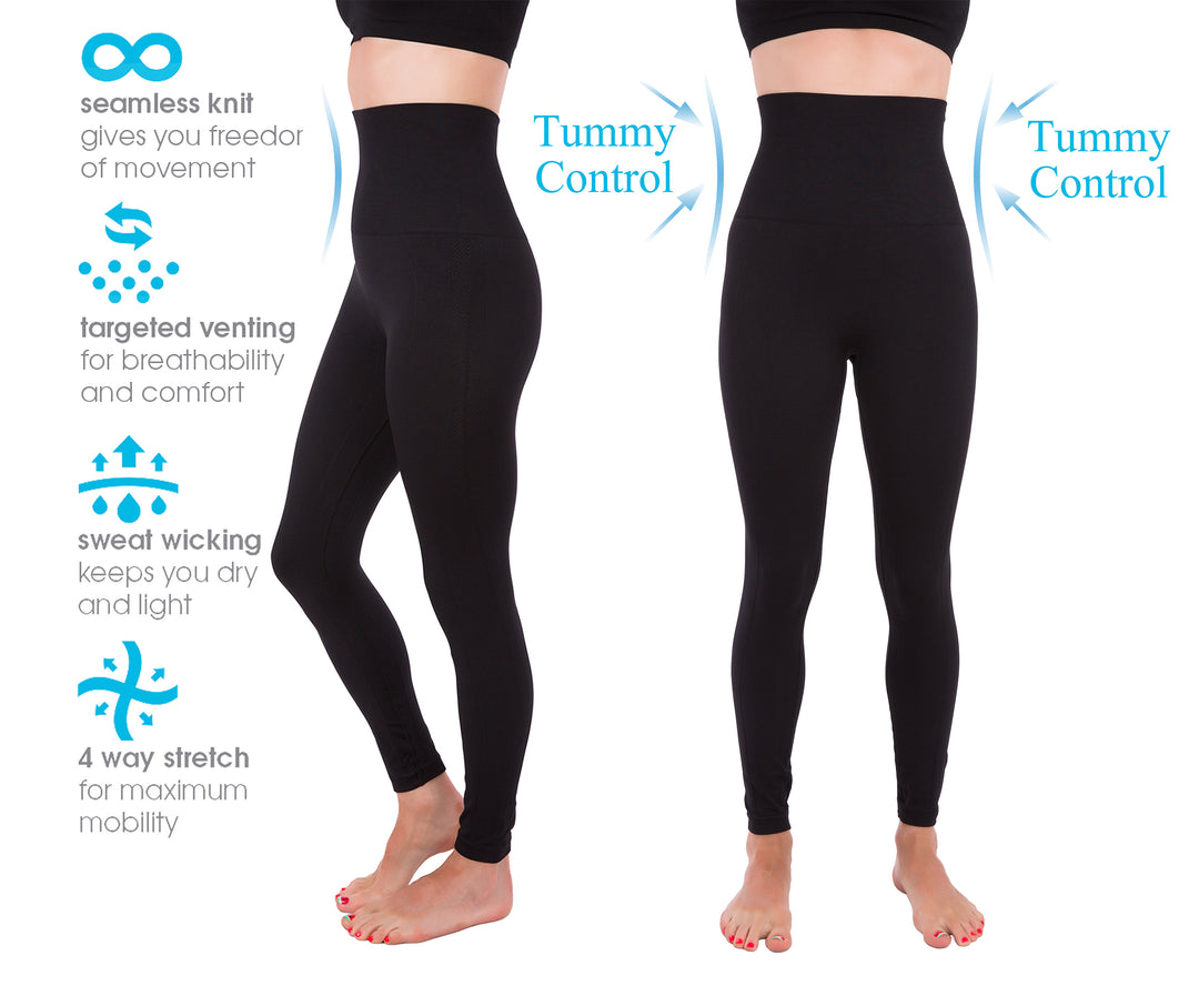 Black leggings with text highlighting features on a white background