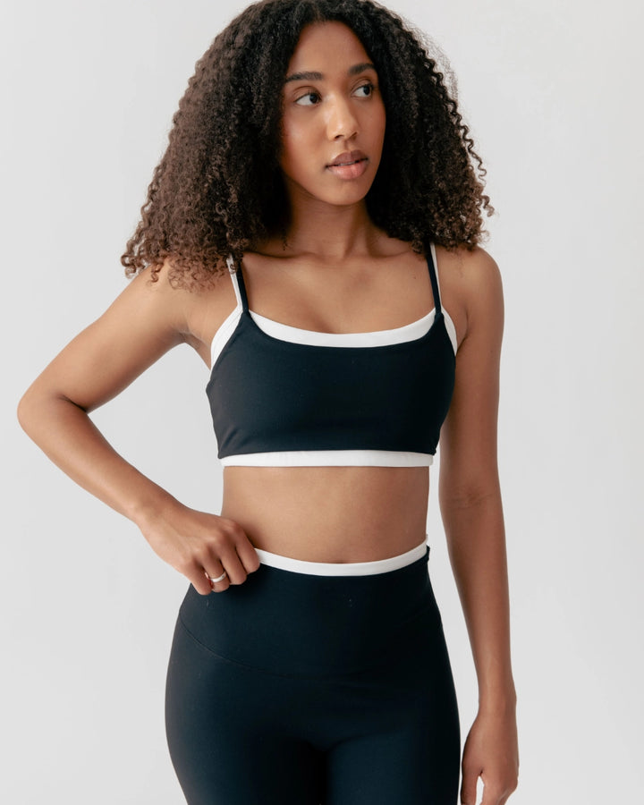 Right view of woman wearing Luxe Layer Double-Layer Overlay Bra